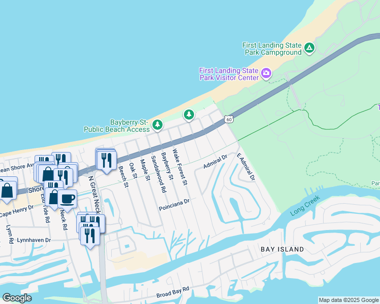 map of restaurants, bars, coffee shops, grocery stores, and more near 2258 Hatton St in Virginia Beach