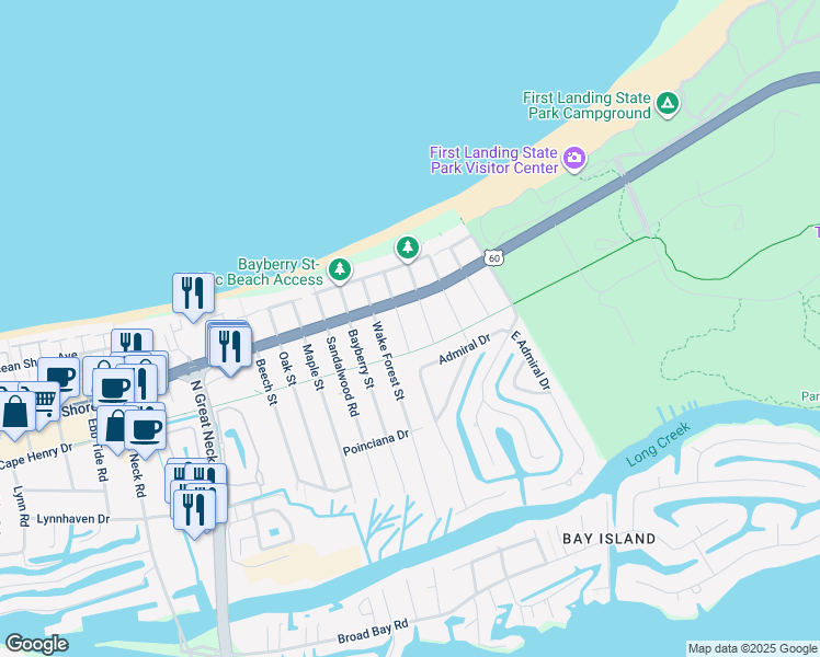 map of restaurants, bars, coffee shops, grocery stores, and more near 2258 Hatton St in Virginia Beach