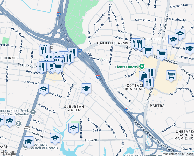map of restaurants, bars, coffee shops, grocery stores, and more near 7539 Owens Road in Norfolk