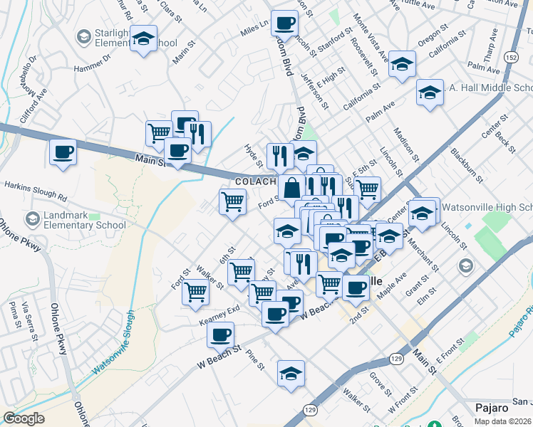 map of restaurants, bars, coffee shops, grocery stores, and more near 41 Kilburn Street in Watsonville