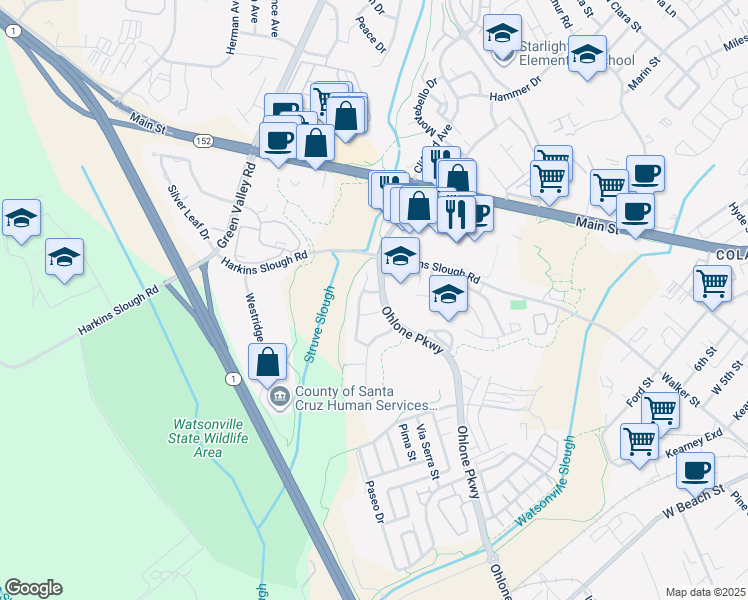 map of restaurants, bars, coffee shops, grocery stores, and more near 17 Egret Lane in Watsonville