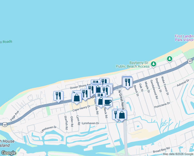 map of restaurants, bars, coffee shops, grocery stores, and more near 2410 Ketch Court in Virginia Beach