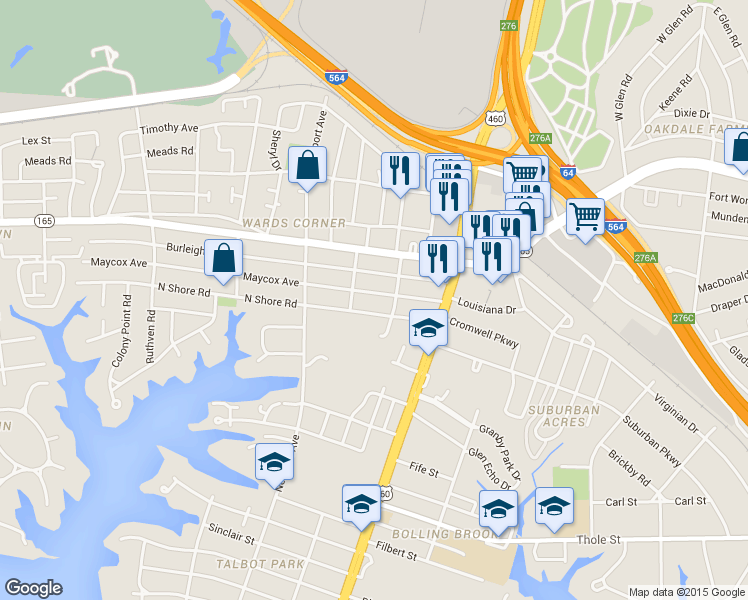map of restaurants, bars, coffee shops, grocery stores, and more near 213 Maycox Avenue in Norfolk