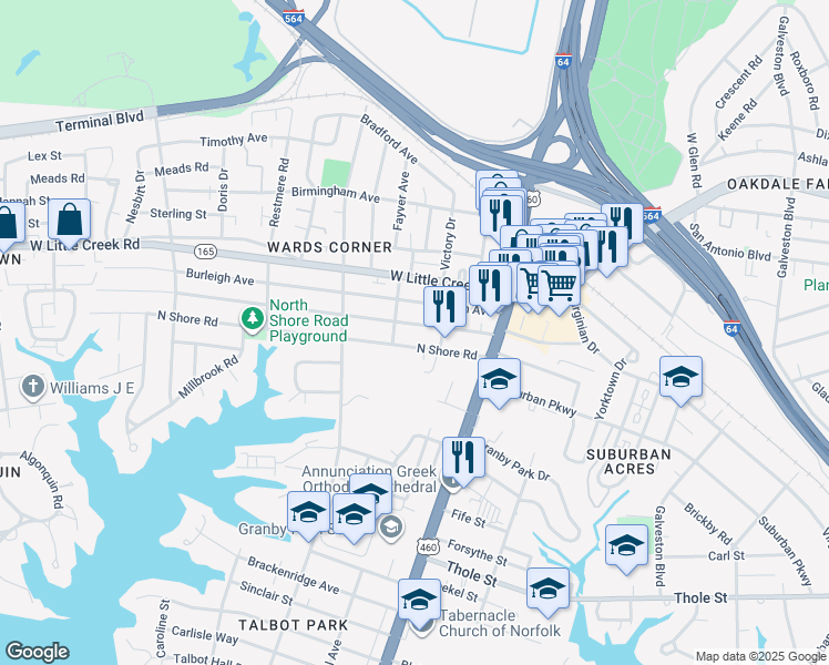 map of restaurants, bars, coffee shops, grocery stores, and more near 213 Maycox Avenue in Norfolk