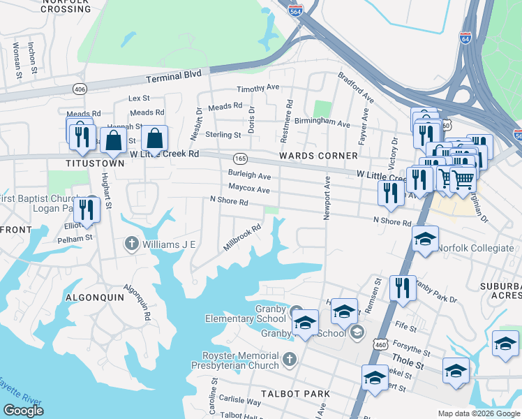 map of restaurants, bars, coffee shops, grocery stores, and more near 515 North Shore Road in Norfolk