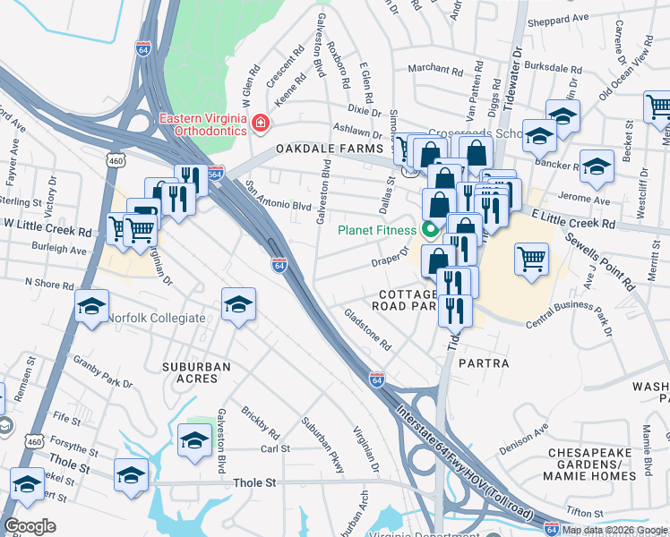 map of restaurants, bars, coffee shops, grocery stores, and more near 410 Draper Drive in Norfolk