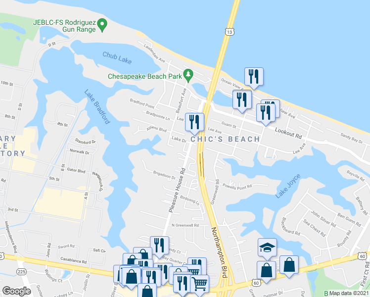 map of restaurants, bars, coffee shops, grocery stores, and more near 2400 Courtyard Lane in Virginia Beach