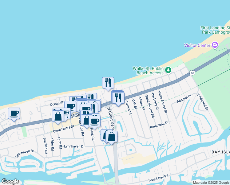 map of restaurants, bars, coffee shops, grocery stores, and more near 2837 Charlemagne Drive in Virginia Beach