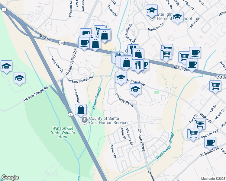 map of restaurants, bars, coffee shops, grocery stores, and more near 17 Egret Lane in Watsonville