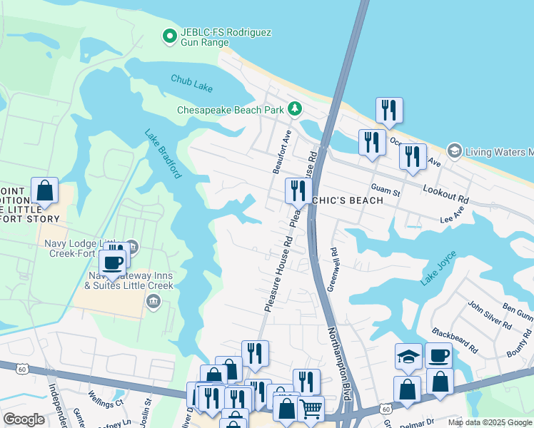 map of restaurants, bars, coffee shops, grocery stores, and more near 2400 Beaufort Avenue in Virginia Beach