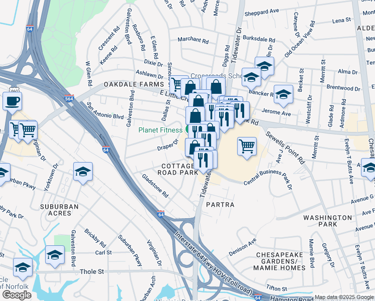map of restaurants, bars, coffee shops, grocery stores, and more near 7515 Pennington Road in Norfolk