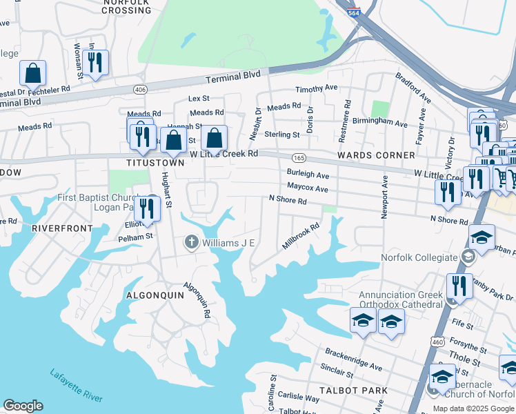 map of restaurants, bars, coffee shops, grocery stores, and more near 7409 Colony Point Road in Norfolk