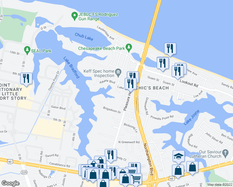 map of restaurants, bars, coffee shops, grocery stores, and more near 2400 Beaufort Avenue in Virginia Beach
