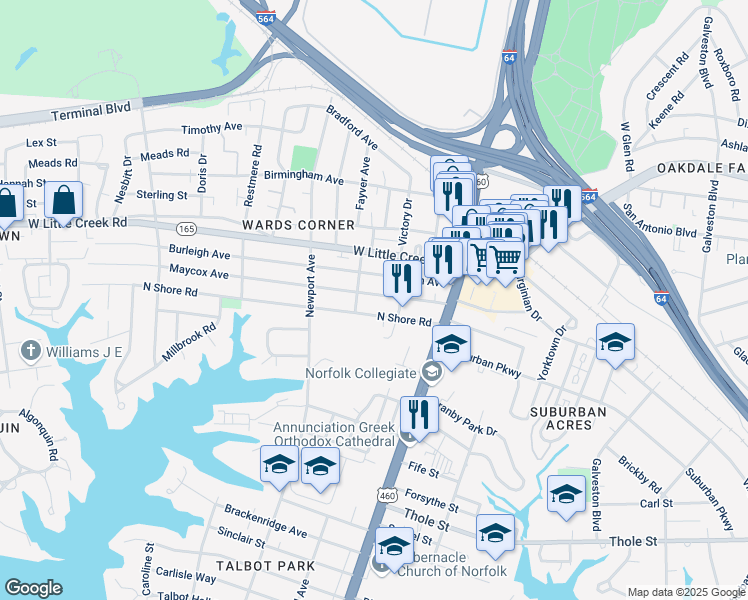 map of restaurants, bars, coffee shops, grocery stores, and more near 213 Maycox Avenue in Norfolk