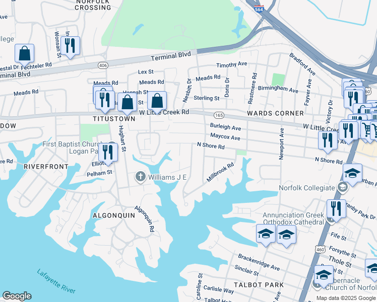 map of restaurants, bars, coffee shops, grocery stores, and more near 7409 Colony Point Road in Norfolk