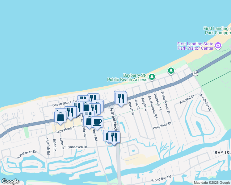 map of restaurants, bars, coffee shops, grocery stores, and more near 2837 Charlemagne Drive in Virginia Beach
