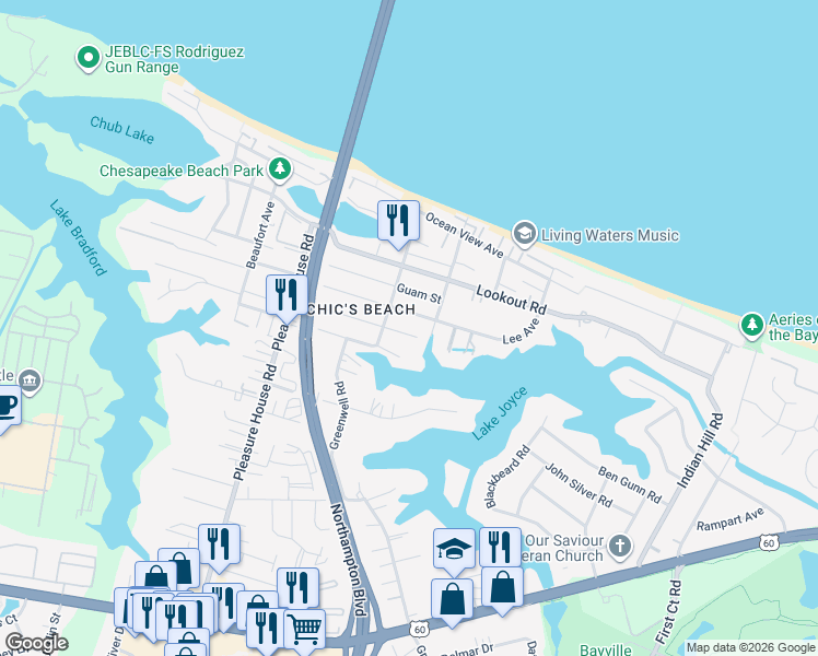 map of restaurants, bars, coffee shops, grocery stores, and more near 4500 Coronet Avenue in Virginia Beach