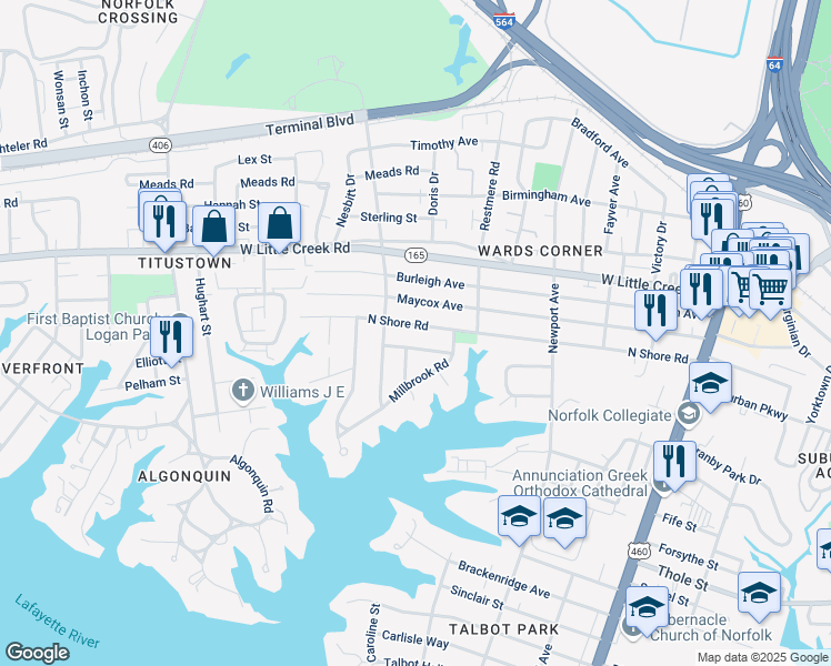 map of restaurants, bars, coffee shops, grocery stores, and more near 519 North Shore Road in Norfolk