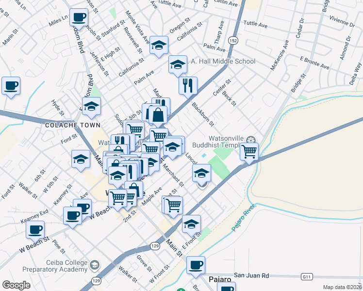 map of restaurants, bars, coffee shops, grocery stores, and more near 302 East Beach Street in Watsonville