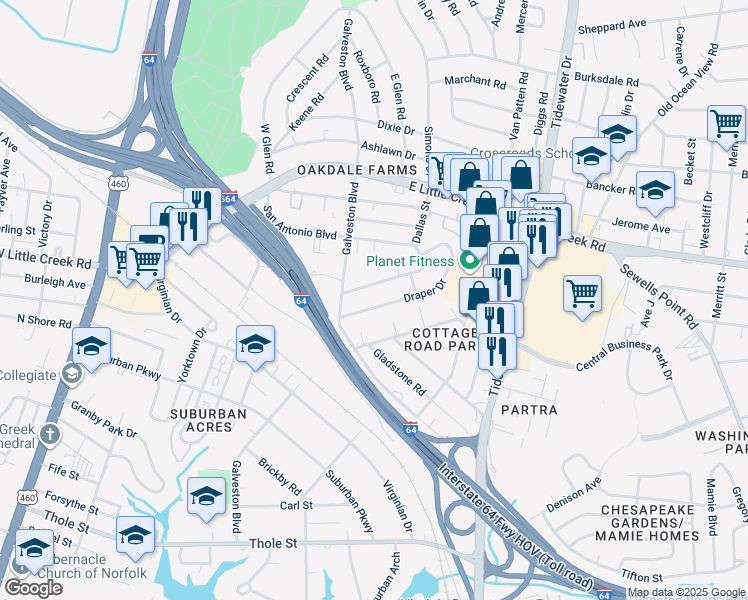 map of restaurants, bars, coffee shops, grocery stores, and more near 414 Draper Drive in Norfolk