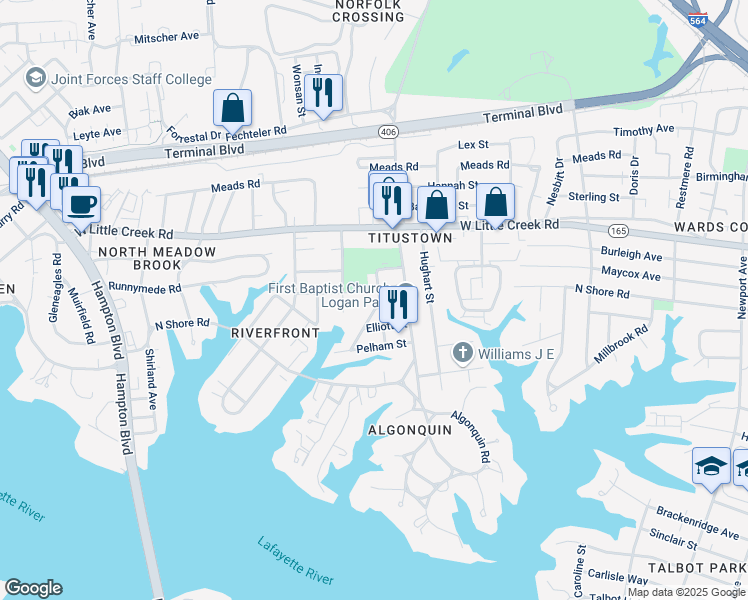 map of restaurants, bars, coffee shops, grocery stores, and more near 7503 Fargo Avenue in Norfolk