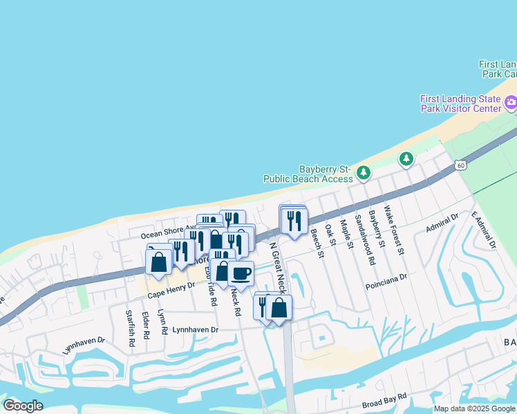 map of restaurants, bars, coffee shops, grocery stores, and more near 2316 Mariners Mark Way in Virginia Beach