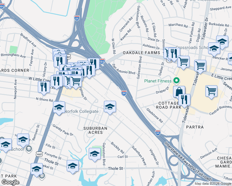 map of restaurants, bars, coffee shops, grocery stores, and more near 301 Naval Base Road in Norfolk