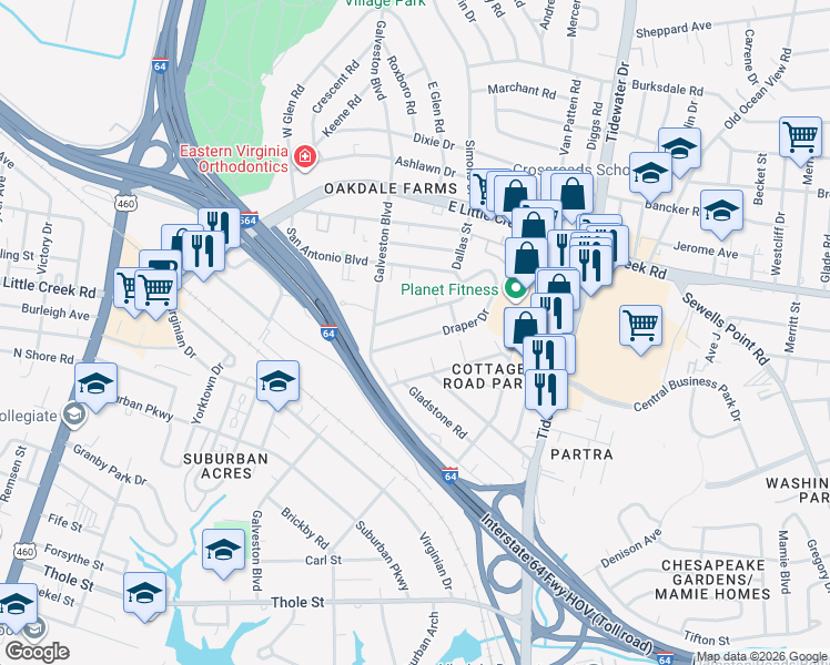 map of restaurants, bars, coffee shops, grocery stores, and more near 416 Draper Drive in Norfolk