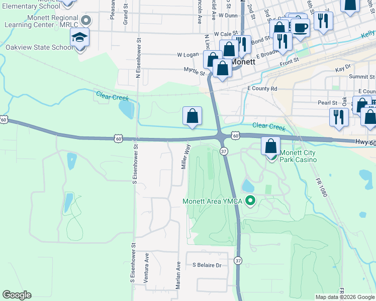 map of restaurants, bars, coffee shops, grocery stores, and more near 215 Miller Way in Monett