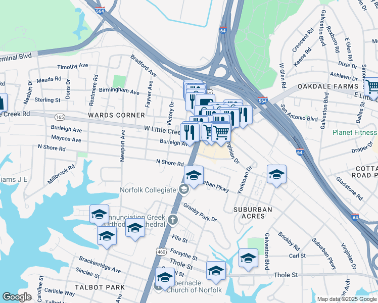 map of restaurants, bars, coffee shops, grocery stores, and more near 7501 Granby Street in Norfolk
