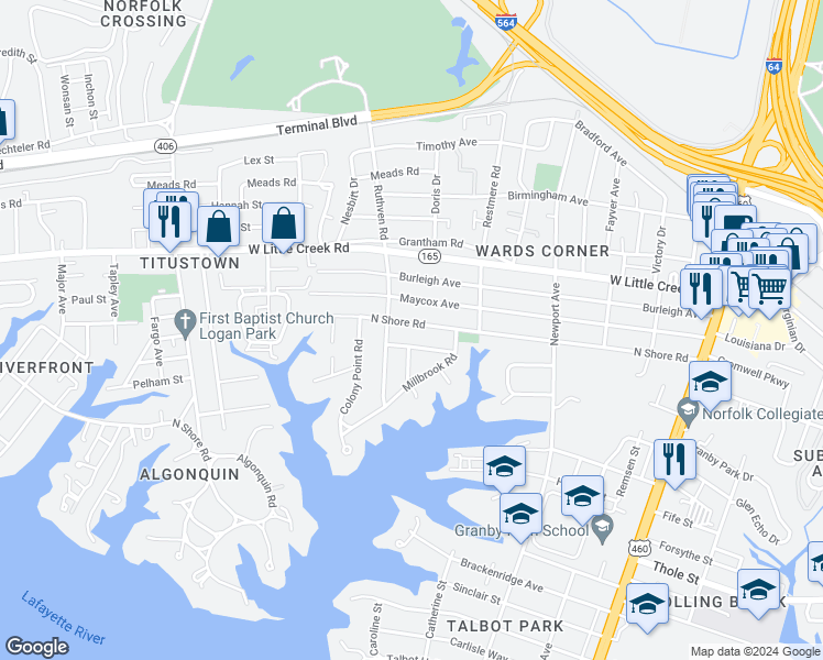 map of restaurants, bars, coffee shops, grocery stores, and more near 521 North Shore Road in Norfolk