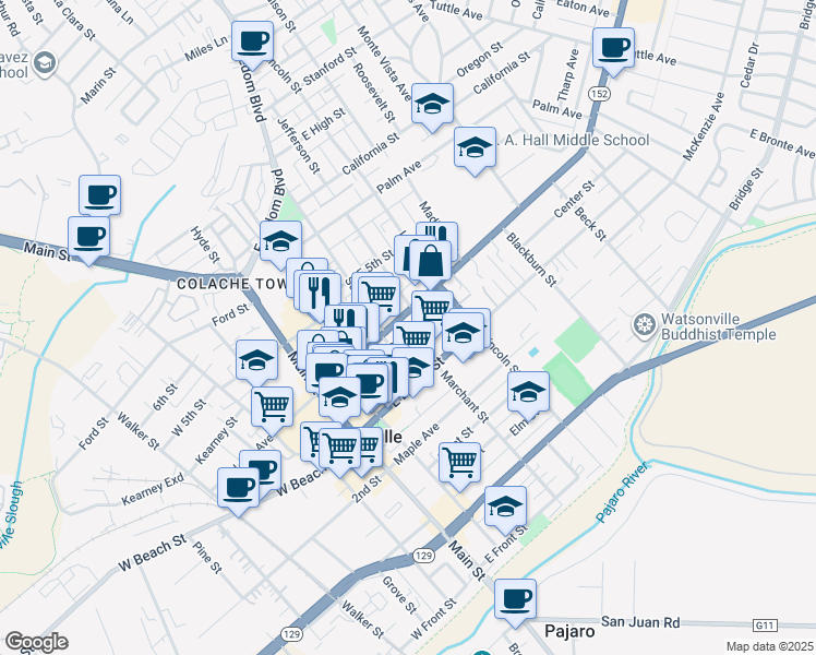 map of restaurants, bars, coffee shops, grocery stores, and more near 222 East Lake Avenue in Watsonville