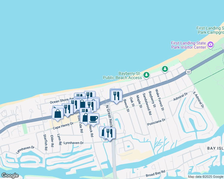 map of restaurants, bars, coffee shops, grocery stores, and more near 2831 Charlemagne Drive in Virginia Beach
