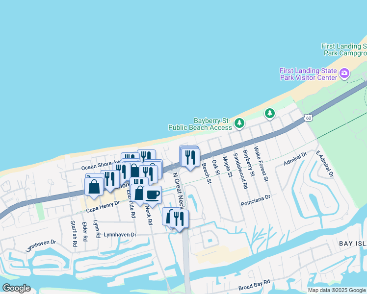 map of restaurants, bars, coffee shops, grocery stores, and more near 2831 Charlemagne Drive in Virginia Beach