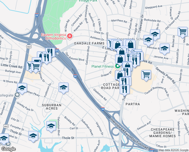 map of restaurants, bars, coffee shops, grocery stores, and more near 416 Draper Drive in Norfolk