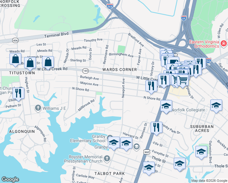 map of restaurants, bars, coffee shops, grocery stores, and more near 414 North Shore Road in Norfolk