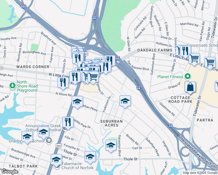 map of restaurants, bars, coffee shops, grocery stores, and more near 7529 Yorktown Drive in Norfolk