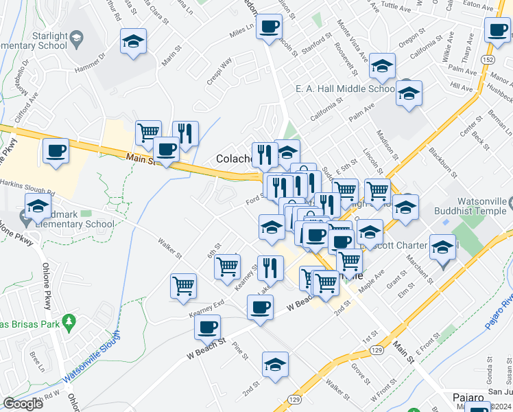 map of restaurants, bars, coffee shops, grocery stores, and more near 41 Kilburn Street in Watsonville