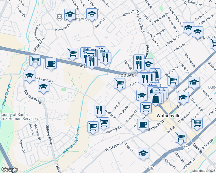 map of restaurants, bars, coffee shops, grocery stores, and more near 747 Rodriguez Street in Watsonville