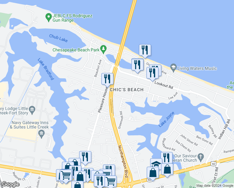 map of restaurants, bars, coffee shops, grocery stores, and more near 4653 Lake Drive in Virginia Beach