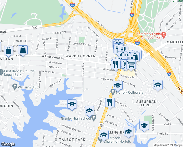 map of restaurants, bars, coffee shops, grocery stores, and more near 308 North Shore Road in Norfolk