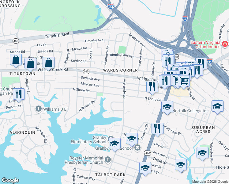 map of restaurants, bars, coffee shops, grocery stores, and more near 414 North Shore Road in Norfolk