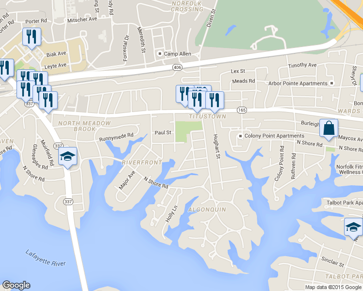 map of restaurants, bars, coffee shops, grocery stores, and more near 7464 Tapley Avenue in Norfolk