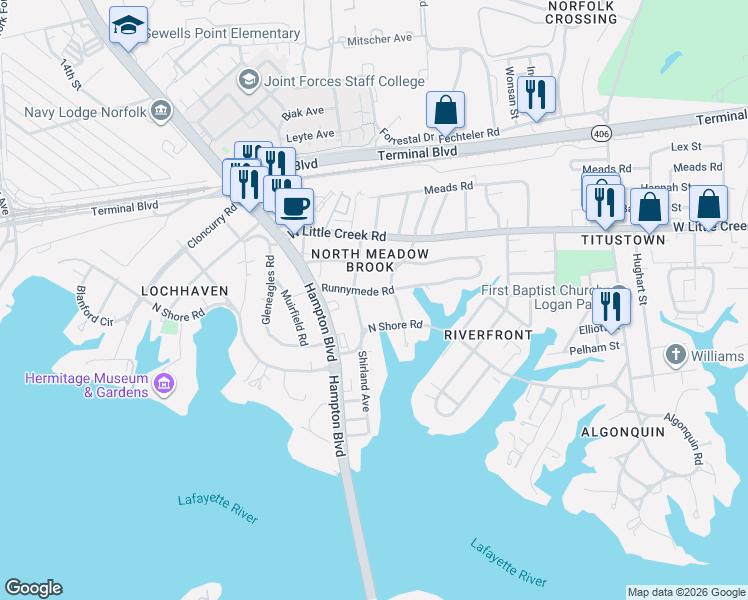 map of restaurants, bars, coffee shops, grocery stores, and more near in Norfolk