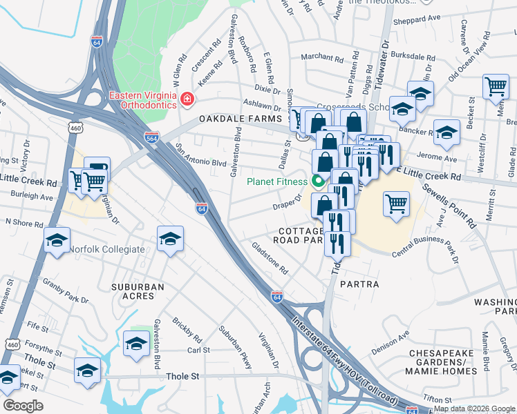 map of restaurants, bars, coffee shops, grocery stores, and more near 423 Draper Drive in Norfolk