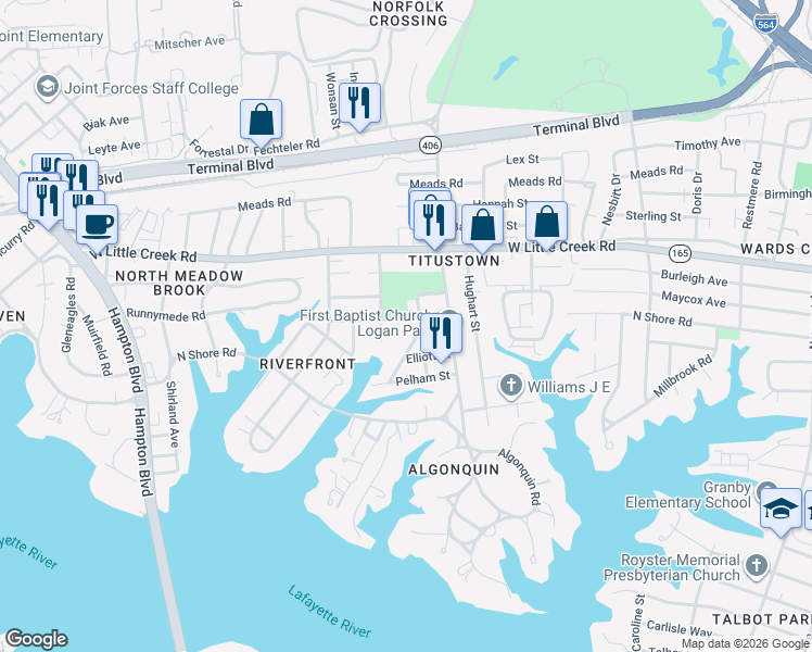 map of restaurants, bars, coffee shops, grocery stores, and more near 7464 Tapley Avenue in Norfolk