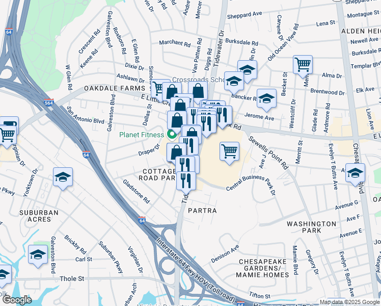 map of restaurants, bars, coffee shops, grocery stores, and more near 7525 Tidewater Drive in Norfolk