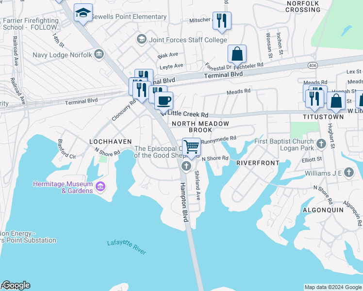 map of restaurants, bars, coffee shops, grocery stores, and more near 7440 Hampton Boulevard in Norfolk
