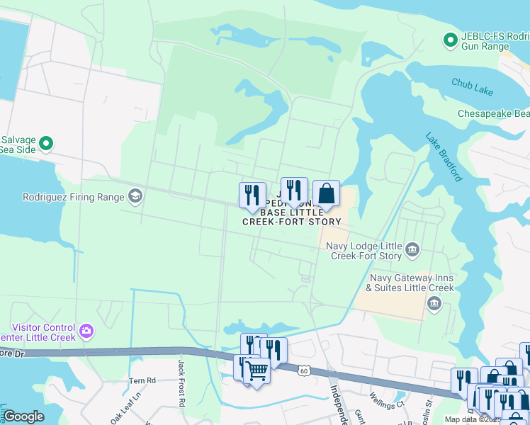 map of restaurants, bars, coffee shops, grocery stores, and more near 1400 Gator Boulevard in Virginia Beach