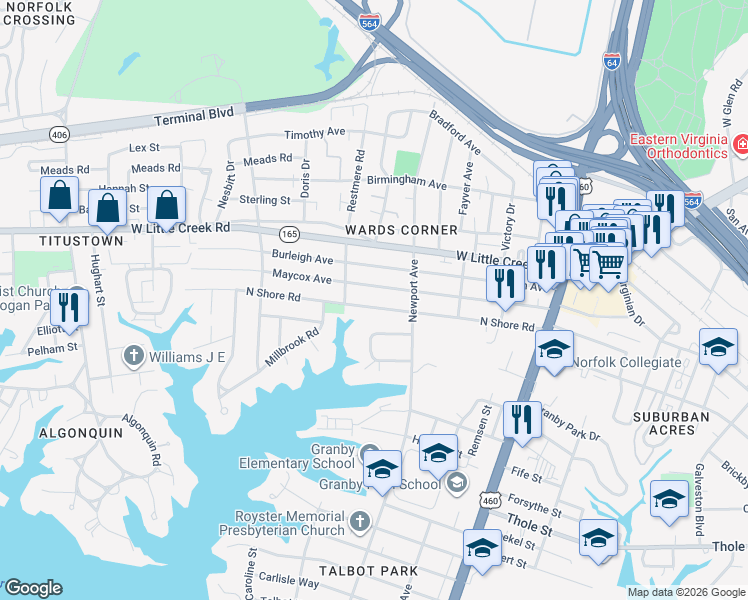 map of restaurants, bars, coffee shops, grocery stores, and more near 414 North Shore Road in Norfolk